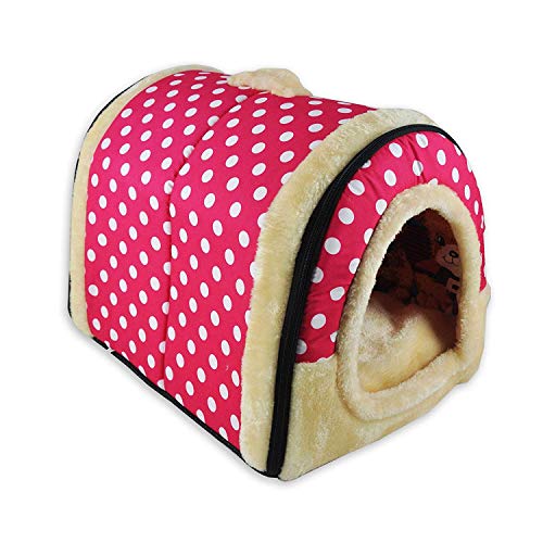 ECOSWAY 2 in 1 Doppelfunktion Haustier Nest, Abnehmbare und Waschbar Hund Katze Kaninchen Warm Haustier Haus, Innen Tragbar rutschfest Klappbar Weich Matratze Haustier Betten - Pink Weiß Punkte, L von ECOSWAY