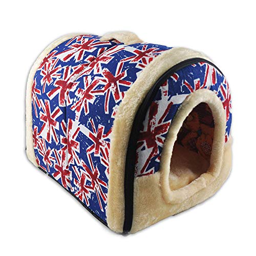 ECOSWAY 2 in 1 Doppelfunktion Haustier Nest, Abnehmbare und Waschbar Hund Katze Kaninchen Warm Haustier Haus, Innen Tragbar rutschfest Klappbar Weich Matratze Haustier Betten - Union Jack, L von ECOSWAY