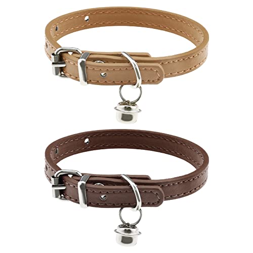 2 Stück Katzenhalsband mit entfernbarer Glocke PU-Leder Katzenhalsbänder für 15-23cm Halsumfang Verstellbare Länge, 1cm Breite, Kaffee & Khaki von ECSiNG