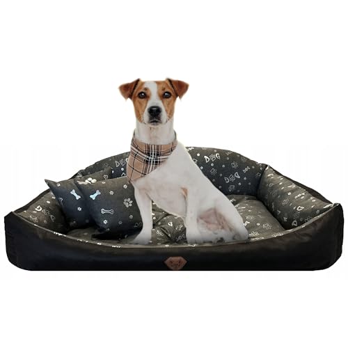 EDANTI Hundebett Hundekissen Hundekorb Modell Shell Muschel Katzenbett Wasserdichtes Hundesofa Für Kleine Mittelgroße & Große Hunde Dog Bed (Grau mit silbernem Knochen, 115x95 cm) von EDANTI