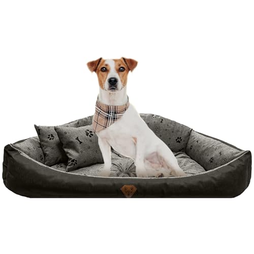 EDANTI Hundebett Hundekissen Hundekorb Modell Shell Muschel Katzenbett Wasserdichtes Hundesofa Für Kleine Mittelgroße & Große Hunde Dog Bed (Hellgrau mit schwarzem Knochen, 115x95 cm) von EDANTI