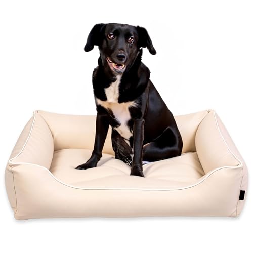 EDANTI Hundebett Wasserdicht Demontierbar, Leder, Hundekissen, Hundekorb, Hundesofa, Hundecouch, Sofa, Matte, Comfort (Beige, Weiß Paspel, S) von EDANTI