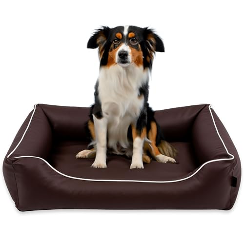 EDANTI Hundebett Wasserdicht Demontierbar, Leder, Hundekissen, Hundekorb, Hundesofa, Hundecouch, Sofa, Matte, Comfort (Braun, Weiß Paspel, S) von EDANTI