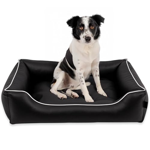 EDANTI Hundebett Wasserdicht Demontierbar, Leder, Hundekissen, Hundekorb, Hundesofa, Hundecouch, Sofa, Matte, Comfort (Schwarz, Weiß Paspel, S) von EDANTI