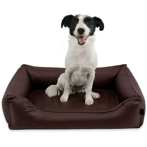 EDANTI Hundebett Wasserdicht Demontierbar, Leder, Hundekissen, Hundekorb, Hundesofa, Hundecouch, Sofa, Matte, Orthopädische (Braun, Schwarz Paspel, XL) von EDANTI