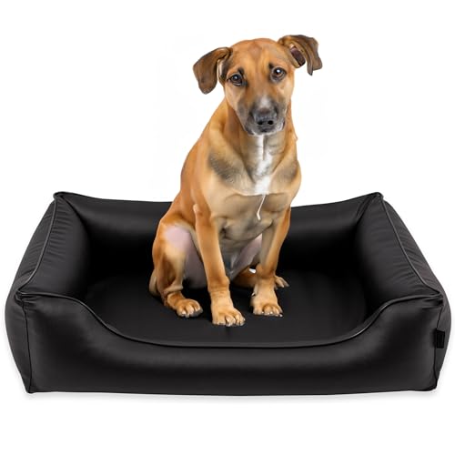 EDANTI Hundebett Wasserdicht Demontierbar, Leder, Hundekissen, Hundekorb, Hundesofa, Hundecouch, Sofa, Matte, Standard (Schwarz, Schwarz Paspel, XL) von EDANTI