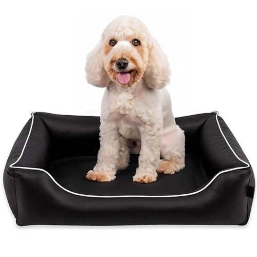 EDANTI Hundebett Wasserdicht Demontierbar, Leder, Hundekissen, Hundekorb, Hundesofa, Hundecouch, Sofa, Matte, Standard (Schwarz, Weiß Paspel, L) von EDANTI