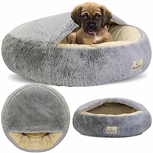 EDANTI Zotteliges Donut Hundebett Katzebett Hundekissen Hundesofa mit Baldachin Rund Hellgrau (50 cm) von EDANTI