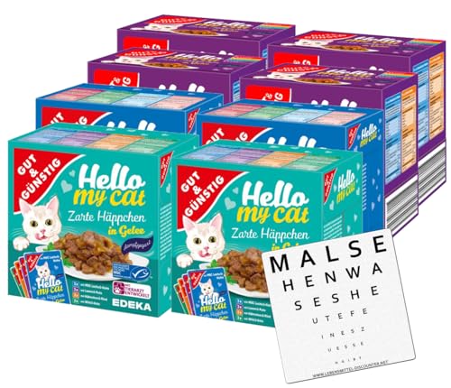 Gut und Günstig Katzenfutter Zarte Häppchen 8er Pack Hello my Cat Alle Sorten Katzen Nassfutter 4 x Lila + 2 x Blau + 2 x Grün Spar-Pack + gratis Lebensmittel-Discounter Bierdeckel von EDEKA