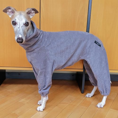 EDEL&SCHNELL Hundebademantel aus grauem Frottee, saugfähiger und weicher Bademantel Hund, Rückenlänge 45-50 cm, ideal für Windhunde, Whippets, Ridgebacks, Dalmatiner von EDEL&SCHNELL