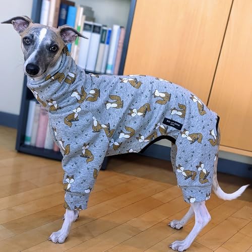 EDEL&SCHNELL Hundepullover grau aus kuscheliger Baumwolle mit Fuchsmotiv, Hundepyjama mit Reißverschluss, Windhund Hundebody Größe 40-45 von EDEL&SCHNELL