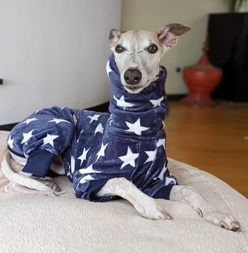 EDEL&SCHNELL Hundepyjama große Hunde 60 bis 65 cm Hundeschlafanzug in dunkelblau mit Sternen Windhund Hundebody wärmend aus Flanell Fleece mit Reißverschluss von EDEL&SCHNELL