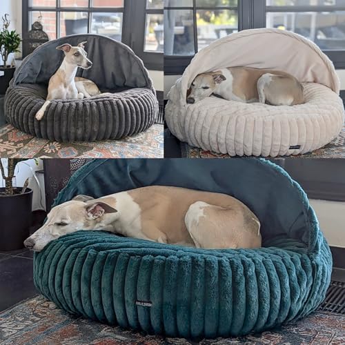 EDEL&SCHNELL Whippet Greyhound Galgo Hundebett mit waschbarem Bezug inkl. Kuschelhöle, orthopädisches Hundebett 90cm Durchmesser, rundes Hundekissen mit kuschligem Kustfell Bezug in beige von EDEL&SCHNELL