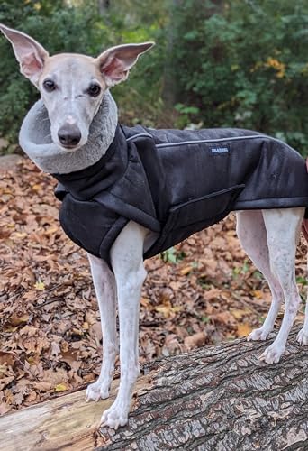 EDEL&SCHNELL Wintermantel große Hunde 65 bis 70 cm luxuriöser Hundemantel in grau mit Bauchschutz Windhund Hundejacke wärmend mit Wildleder und weichem Kunstfell von EDEL&SCHNELL