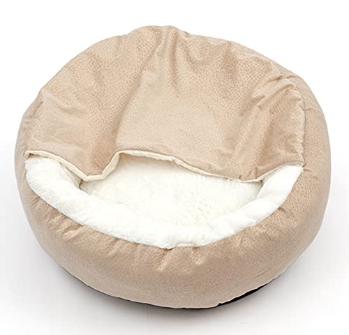 EEYZD Plüsch-Hunde- und Katzenbett mit Kapuzedecke für Wärme und Sicherheit – maschinenwaschbar, wasser-/schmutzabweisender Boden, für kleine, mittelgroße und große Hunde, Beige, 70 cm von EEYZD