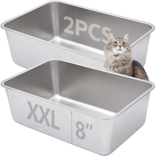 EGMEHOAD 2 x Edelstahl-Katzentoilette, 20,3 cm tief, XXL extra groß für große Katzen, hochseitiges Metall, kein Geruch, antihaftbeschichtet, leicht zu reinigen, geruchsdicht, für drinnen und draußen von EGMEHOAD