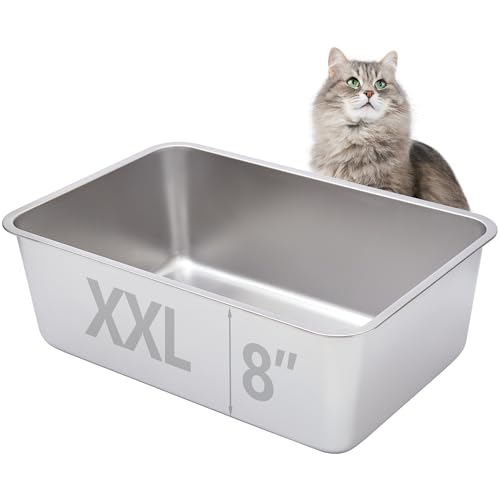 EGMEHOAD Katzentoilette aus Edelstahl, XL, extra groß für große Katzen, hochseitiges Metall, kein Geruch, antihaftbeschichtet, leicht zu reinigen, geruchsdicht, für drinnen und draußen von EGMEHOAD