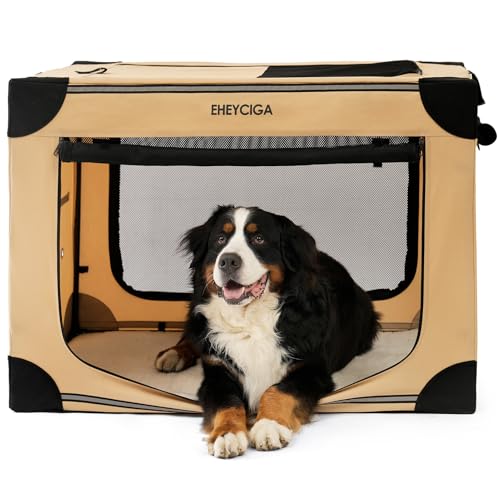 EHEYCIGA Tragbare Hunde-Reisebox, 106,7 cm, zusammenklappbare Hundebox für extra große Hunde, weiche faltbare Hundehütte mit 4-türigen Netzfenstern drinnen und draußen, Beige von EHEYCIGA