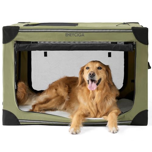 EHEYCIGA Tragbare Hunde-Reisebox, 91,4 cm, zusammenklappbare Hundebox für große Hunde, weiche faltbare Hundehütte mit 4-türigen Netzfenstern, drinnen und draußen, Grün von EHEYCIGA