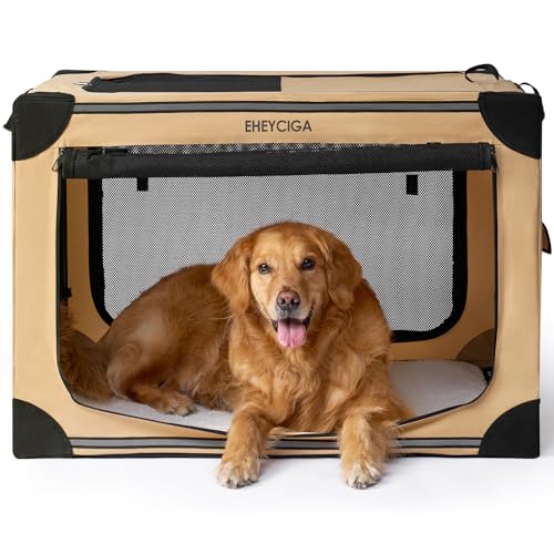 EHEYCIGA Faltbare weiche Hundebox 91,4 cm, tragbare Reise-Hundebox für große Hunde, Hundehütte drinnen & draußen, faltbare Hundebox mit 4-türigen Netzfenstern, Khaki von EHEYCIGA