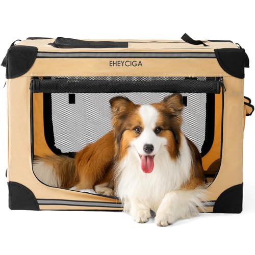 EHEYCIGA Tragbare Hunde-Reisebox, 76,2 cm, zusammenklappbare Hundebox für mittelgroße Hunde, weiche faltbare Hundehütte mit 4-türigen Netzfenstern für drinnen und draußen, Beige von EHEYCIGA