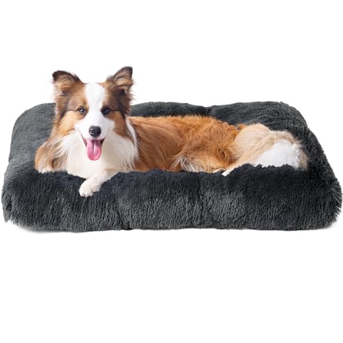 EHEYCIGA Flauschig Hundebett Mittelgroße Hunde, Hundekissen Grosse Hunde Waschbar, Kuschelig rutschfest Hundematte mit Langem Plüsch, Dunkel Grau, 90x60x10cm von EHEYCIGA