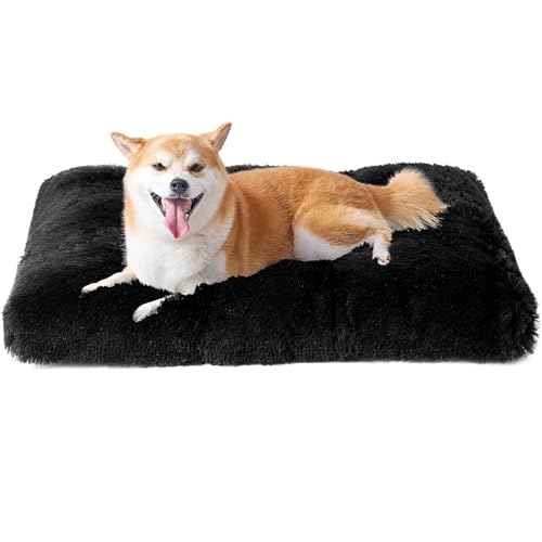 EHEYCIGA Flauschig Hundebett Mittelgroße Hunde, Hundekissen Grosse Hunde Waschbar, Kuschelig rutschfest Hundematte mit Langem Plüsch, Schwarz, 90x60cm von EHEYCIGA