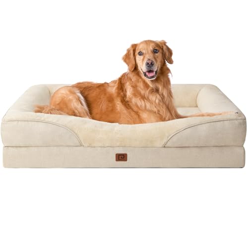 EHEYCIGA Orthopädisches Hundebett Grosse Hunde, Memory Foam Waschbar und Wasserdicht Hundekorb mit 4 Rändern, Hundesofa Hundecouch rutschfest, Beige, 106.5x76x18.5 cm von EHEYCIGA