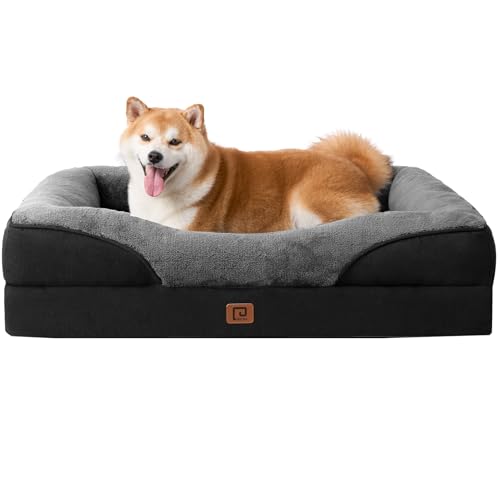 EHEYCIGA Orthopädisches Hundebett Mittelgroße Hunde, Memory Foam Waschbar und Wasserdicht Hundekorb mit 4 Rändern, Hundesofa Hundecouch rutschfest, Grau/Schwarz, 91x68x17.5 cm von EHEYCIGA