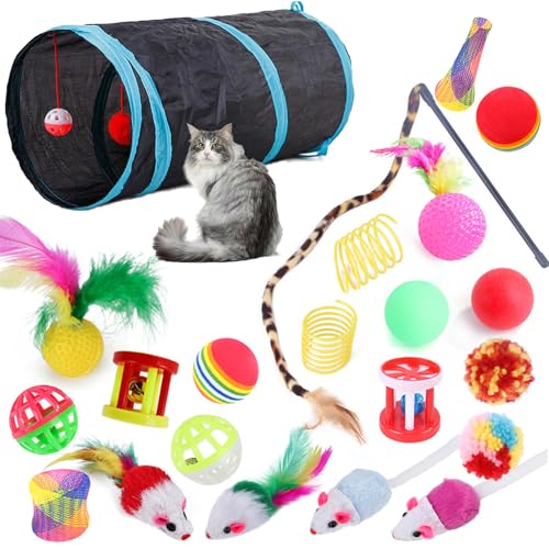 EHIOG Katzenspielzeug mit katzentunnel,22 Stücke Katzenspielzeug Set mit Katzentunnel,Katzen Spielzeug auch Bälle,Federspielzeug,Plüschspielzeug,Spielzeugmäuse Spielzeug Variety Pack von EHIOG