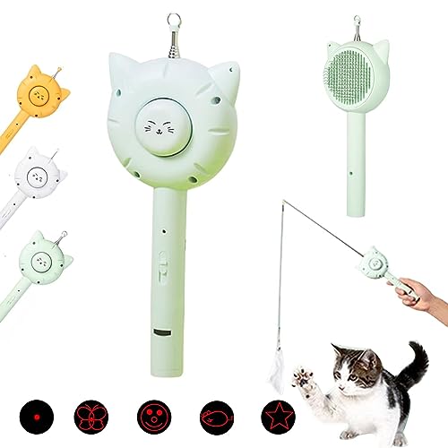 EHOTER 5 in 1 Katzenbürste mit Einziehbarer Katzen Teaser Stick Federglocke Katze Spielzeug Haustierbürste für Langhaar Kurzhaar EIN klick Reinigung Hundebürste Unterwollbürste (Grün) von EHOTER