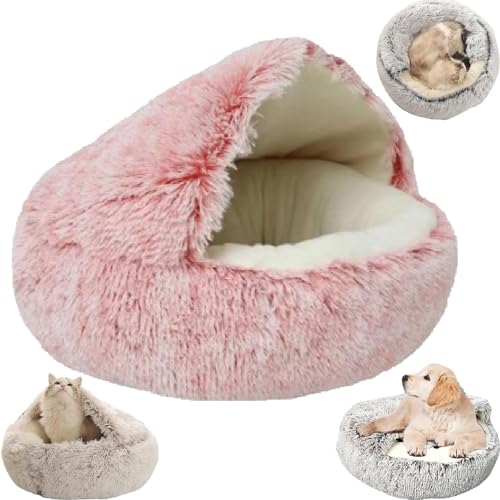 EHOTER Cozy Cocoon Haustierbett, Winter-Haustierbett für Hunde, Katzen, Hundebett, bedecktes Hundebett für kleine Hunde, gemütliches Haustierbett für Hunde, gemütliches Katzenbett (50 x 50 cm, rosa von EHOTER