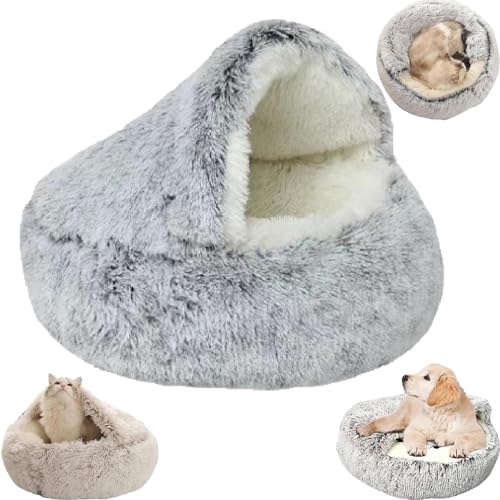 EHOTER Cozy Cocoon Haustierbett, Winter-Haustierbett für Hunde, Katzen, Hundebett, bedecktes Hundebett für kleine Hunde, gemütliches Haustierbett für Hunde, gemütliches Katzenbett (60 x 60 cm, grauer, von EHOTER