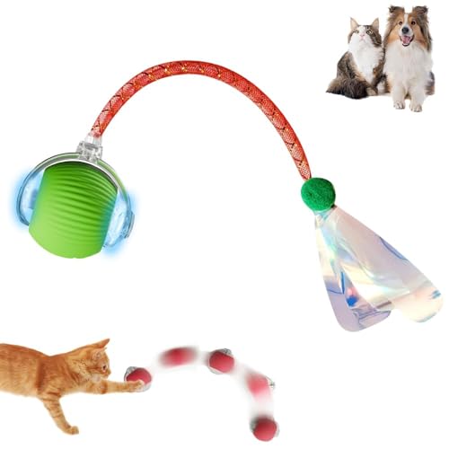 EHOTER Elektrisches Katzenspielzeug mit Schwanz für Hunde Katzen Selbstbeschäftigung Interaktives Katzenspielzeug mit Libellenschwanz Unregelmäßige Bewegung Rolling Ball Smart Interactive Chewy von EHOTER