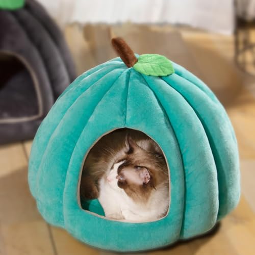 EHOTER Kürbis-Katzenbett, Halloween-Kürbis für Katzen vor dem Schlafengehen, Halloween-Hundebett, warmes Höhlennest, Schlafbett, Welpenhaus für Katzen, kleine Hunde (M, Grün) von EHOTER