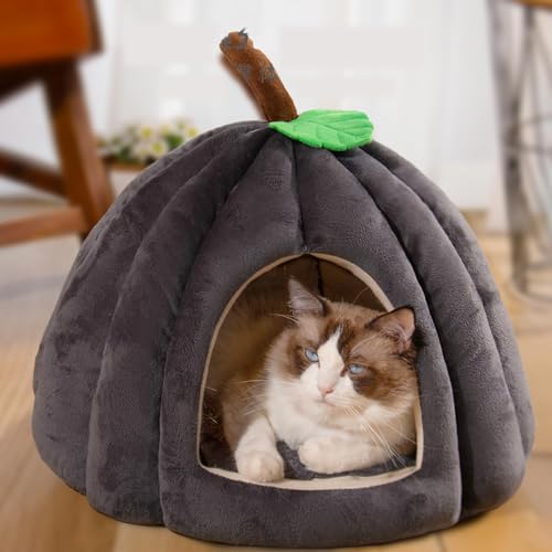 EHOTER Kürbis-Katzenbett, Halloween-Kürbis für Katzen vor dem Schlafengehen, Halloween-Hundebett, warmes Höhlennest, Schlafbett, Welpenhaus für Katzen, kleine Hunde (M,Grau) von EHOTER