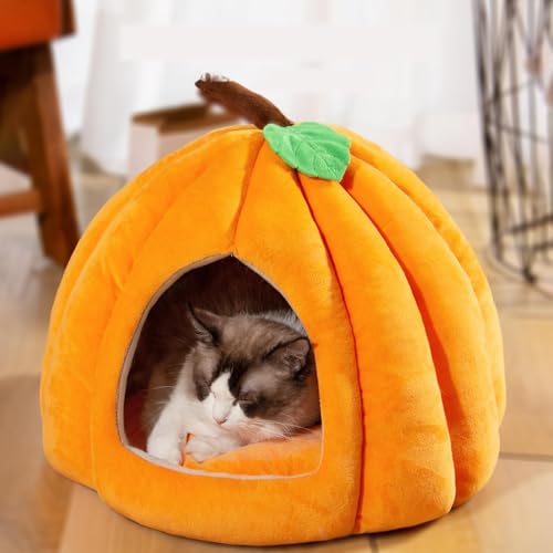 EHOTER Kürbis-Katzenbett, Halloween-Kürbis für Katzen vor dem Schlafengehen, Halloween-Hundebett, warmes Höhlennest, Schlafbett, Welpenhaus für Katzen, kleine Hunde (M,Orange) von EHOTER