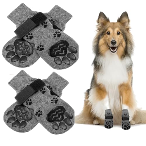 Hundesocken Indoor Anti-Rutsch Socken für Hunde, Katzen 2 Paar Doppelseitig rutschfest Verstellbar Hundesocken Pfotenschutz Haftsocken für Drinnen Warme Indoor-Hundesocken (L,Grau) von EHOTER