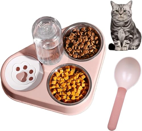 EHOTER Katzennäpfe Katzenschüssel Set 3 in 1 Katzennapf aus Edelstahl Fressnapf Katze Wasserschale mit Schaufel Doppelter Futternapf mit Automatischer Wasserflasche für Hunde Katzen Haustier (Pink) von EHOTER