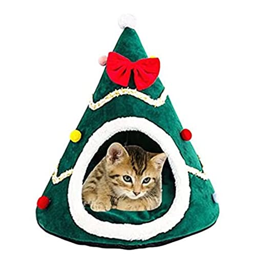 Weihnachtsbaum Haustier Haus Plüsch Abnehmbares Kissen Niedlich Cartoon Bowknot Dekorativ Winter Weich Warm Haustierbett Höhle für Katze Hund Weihnachtsbaum Katzenhaus (Grün) von EHOTER