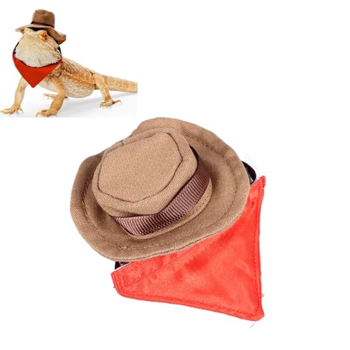 Bartagamen-Cowboyhut und Bandana-Set für Halloween, Verstellbares Bartagamen-Cowboy-Kostüm, Reptilien-Kostümkappe mit Abnehmbarem Lätzchen für Eidechsen-Hamster-Kleintiere (Kaffee) von EIMSOAH