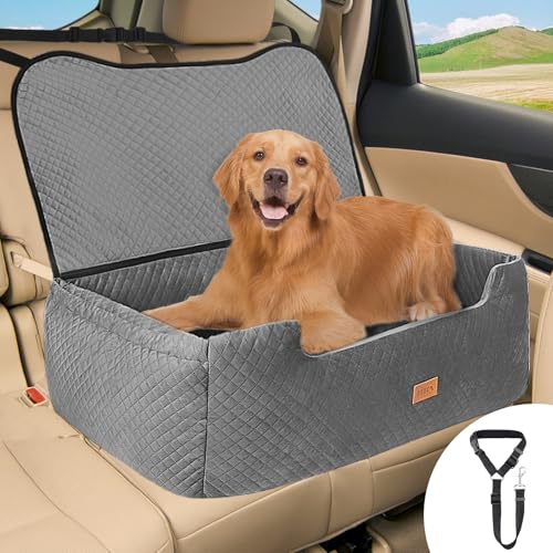 ELEGX Extra großer Hunde-Autositz, für bis zu 27 kg oder 2 kleine Hunde, inneres dickes Schaumstoffkissen, effektiver Rückenlehnenschutz, weicher kurzer Plüschstoff (Grau, XL) von ELEGX