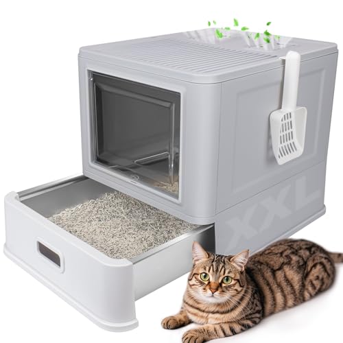 ELEGX Odor-Control Katzentoilette aus Edelstahl, XL großes 4-in-1-Katzentoiletten-Set, geschlossene, abnehmbare Metalltoilette mit hochseitigem Gehäuse von ELEGX