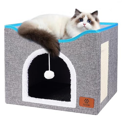 ELEVON Katzenbetten für Indoor-Katzen, Katzenhaus Katzenhöhle Betten mit Kratzpad, faltbare Katzenhütte mit hängendem Ball, überdachtes Katzenzelt zum Verstecken, niedliches Katzentunnelbett für von ELEVON