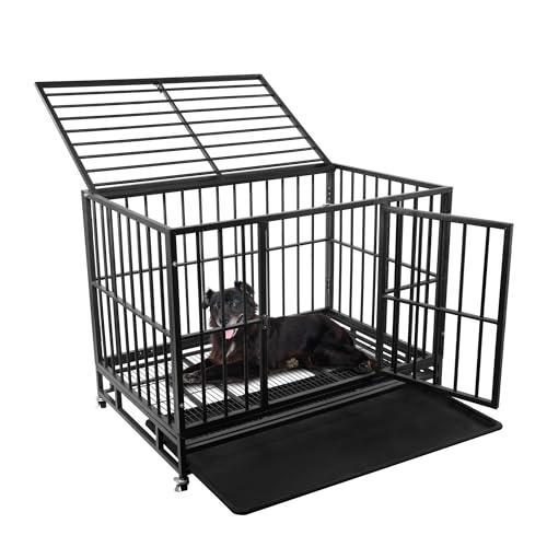 Elevon Robuste Hundebox mit feststellbaren Rädern, ausbruchsicherer Hundekäfig für große Hunde, hohe Angst, unzerstörbarer Hundekäfig, Doppeltür und herausnehmbares Tablett, 106,7 cm von ELEVON