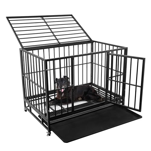 Elevon Robuste Hundebox mit feststellbaren Rädern, ausbruchsicherer Hundekäfig für große Hunde, hohe Angst, unzerstörbarer Hundekäfig, Doppeltür und herausnehmbares Tablett, 121,9 cm von ELEVON