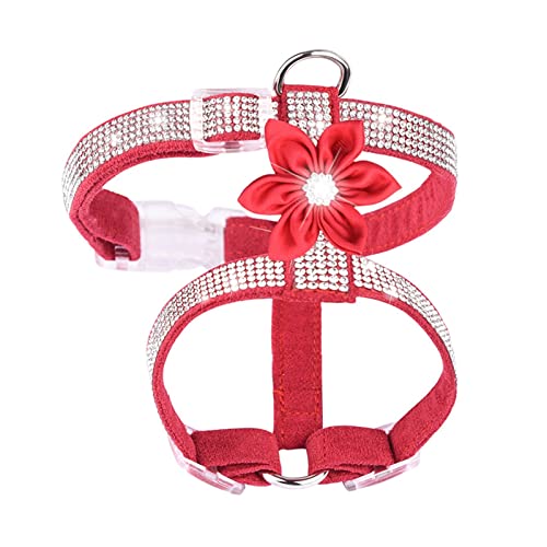 Haustierhalsband, glitzerndes Strass-Haustier-Brustgeschirr, Hundeleinen-Set, I-Träger-Katzenleine for kleine Hunde und Katzen (Color : Red with Flowers, Size : M) von ELSAIL