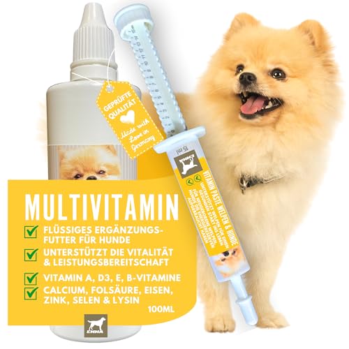 Hunde Vitamine Complete 100ml 15ml Multi Vitamin B komplex + Vitamin Paste für Hunde I Vitamin B komplex Hund I B-Vitamine A B12 D E Folsäure Eisen Zink Selen Lysin Calcium Imunsystem stärken von EMMA