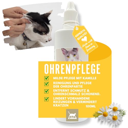 Ohrenreiniger Katze • Ohren Reinigung Tropfen • Ohrentropfen für Katzen gegen Juckreiz • milde Ohrpflege mit Kamille • Ohrreiniger Ohrenentzündung Mittel gegen Schmutz Ohrenschmalz Entferner 100ml von EMMA