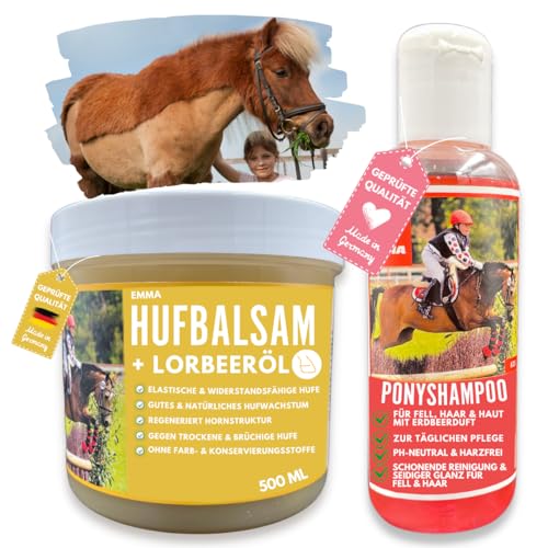 EMMA Pferdeshampoo I Pflege Set Pony I Pferde Shampoo Fell Mähne Schweif Pink & Duft I Huffett für Pferde gelb I Hufbalsam für Pferde I Pferde Mädchen Geschenk I Pferdepflegeset für Kinder 2tlg von EMMA